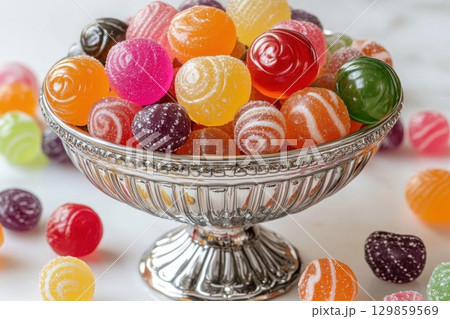 Colorful Swirl Hard Candies in Silver Bowl. (1) 129859569