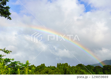 青空と雲に架かる鮮やかな虹と緑豊かな森の風景 青空と雲に架かる鮮やかな虹と緑豊かな森の風景 129859669