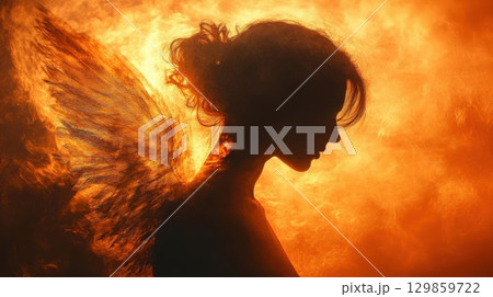 Fiery Angel Silhouette with Woman Wings, and Fantasy Art. 129859722