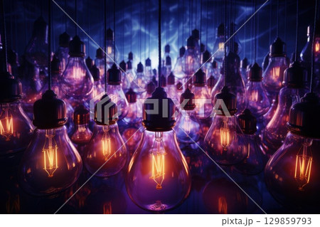Glowing Edison Bulbs with Purple Night, and Idea Concept. 129859793