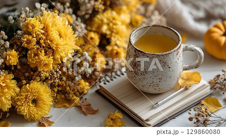 Autumn still life with rustic ceramic mug of hot tea resting on notebook with pen, surrounded by yellow chrysanthemums, dried leaves and small pumpkin, cozy fall writing scene 129860080