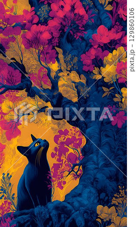 Whimsical fantasy illustration of black cat gazing upward in enchanted forest filled with vibrant pink and golden yellow trees on dark blue background, vertical art. Whimsical fantasy illustration of black cat gazing upward in enchanted forest filled with vibrant pink and golden yellow trees on dark blue background, vertical art. 129860106