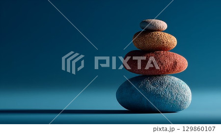 Minimalistic composition of balanced colourful textured stones stacked against gradient blue background with copy space, zen balance and harmony concept. Minimalistic composition of balanced colourful textured stones stacked against gradient blue background with copy space, zen balance and harmony concept. 129860107