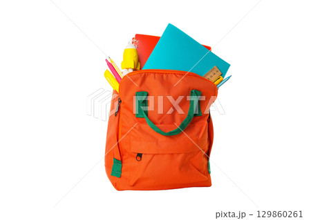 Backpack filled with school supplies, isolated on white, PNG Backpack filled with school supplies, isolated on white, PNG 129860261