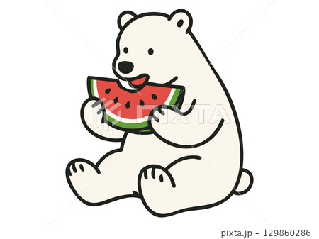 スイカを食べるシロクマのイラスト スイカを食べるシロクマのイラスト 129860286