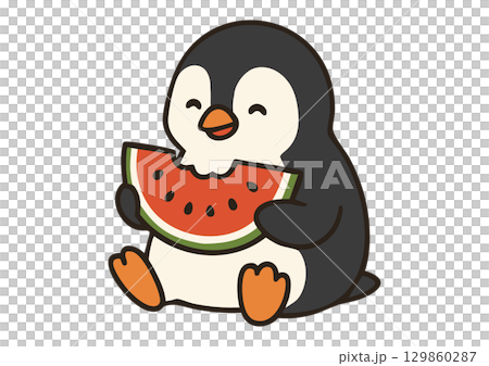 スイカを美味しそうに食べるペンギン 129860287