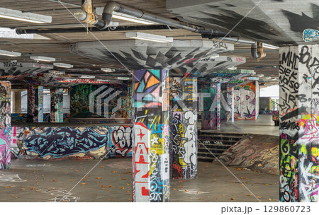 the iconic Southbank Undercroft Skatepark, located beneath the Queen Elizabeth Hall at the Southbank Centre in London. 129860723