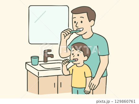 父親と息子が並んで歯磨きのイラスト 129860761