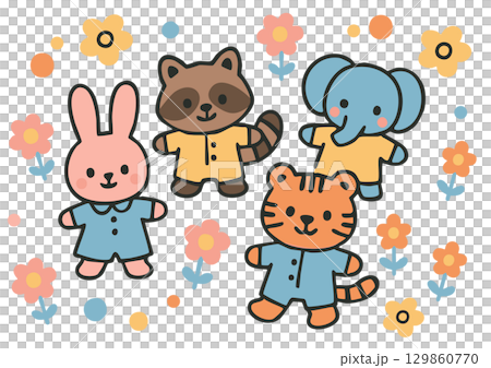 Rabbit, raccoon, elephant, and tiger animals surrounded by flowers 129860770