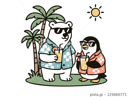 ハワイアンシャツのシロクマとペンギンの夏 129860771