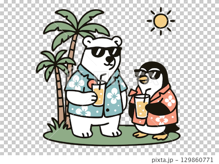 ハワイアンシャツのシロクマとペンギンの夏 129860771