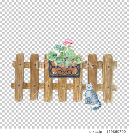Wooden fence with pot of geraniums in iron holder and grey cat. Hand-painted perfect for cottage designs, outdoor illustrations, landscaping projects. Rustic garden watercolor isolated on white 129860790
