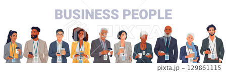 Business people diverse team standing together holding coffee and smartphones professional office attire conference badges white background banner 129861115