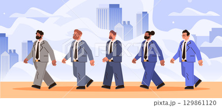 Business team walking forward cityscape background diverse men in suits urban skyline modern flat design banner 129861120