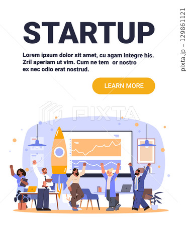 Startup business team celebrating success rocket launch office workspace analytics chart modern workplace web banner 129861121