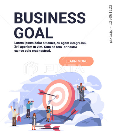 Business goal target teamwork success people aiming arrows mountain landscape city background website banner 129861122