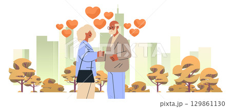 Senior couple romance autumn park cityscape skyline flat trees orange hearts modern urban background website banner Senior couple romance autumn park cityscape skyline flat trees orange hearts modern urban background website banner 129861130