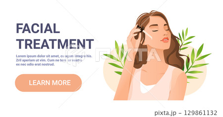 Facial treatment skincare woman applying serum dropper natural leaves beauty wellness spa concept web banner 129861132