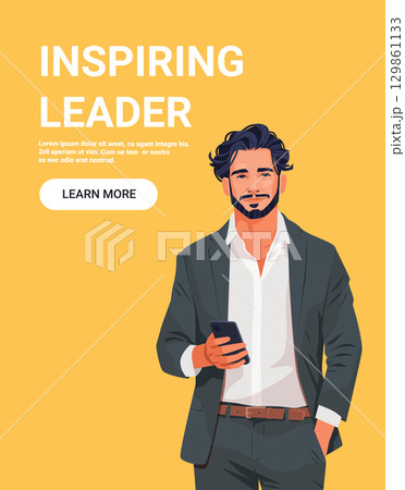 Inspiring leader confident businessman holding smartphone modern suit yellow background website banner 129861133