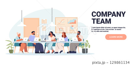 Company team office meeting collaboration diverse employees working together laptops business charts modern workspace plants flat website banner 129861134