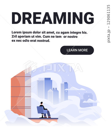 Dreaming business person looking at cityscape imagination clouds modern office window urban skyline abstract background website banner 129861135