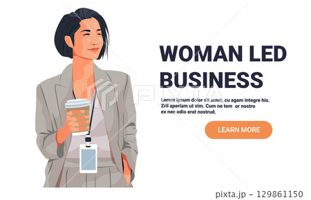 Woman led business female entrepreneur leadership concept confident businesswoman holding coffee wearing suit ID badge modern office style landing page 129861150