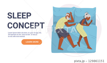 Elderly couple sleeping bed healthy rest lifestyle bedroom blue bedding modern flat design landing page 129861151