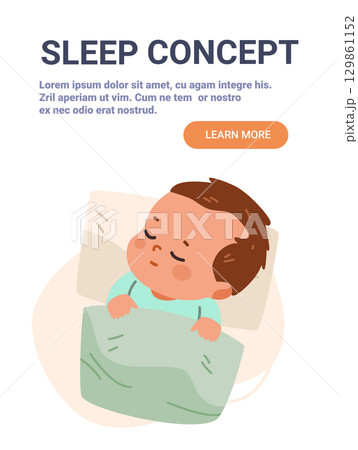 Baby sleeping peaceful bedtime rest cozy blanket pillow pastel colors flat website banner 129861152