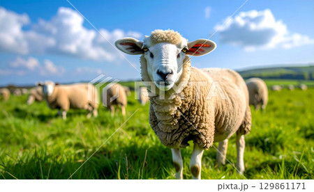 sheep in the field, a sheep standing on lush green pasture with a flock grazing in the background, symbolizing rural farm life, innocence, and the peaceful beauty of countryside nature sheep in the field, a sheep standing on lush green pasture with a flock grazing in the background, symbolizing rural farm life, innocence, and the peaceful beauty of countryside nature 129861171