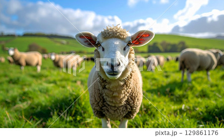 sheep in the field, a sheep standing on lush green pasture with a flock grazing in the background, symbolizing rural farm life, innocence, and the peaceful beauty of countryside nature sheep in the field, a sheep standing on lush green pasture with a flock grazing in the background, symbolizing rural farm life, innocence, and the peaceful beauty of countryside nature 129861176