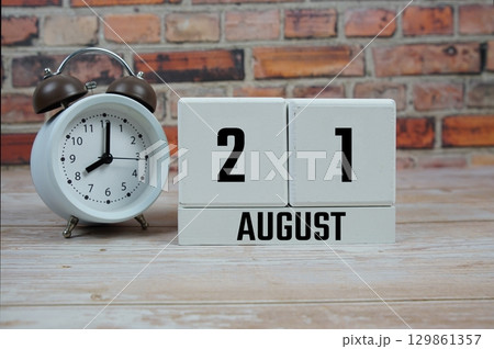 Wooden Calendar Showing the Date of August 21th. Day 21 of August month 129861357