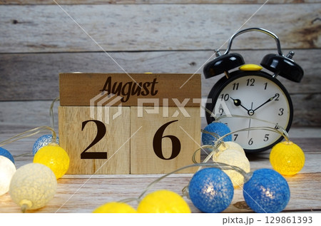 Wooden Calendar Showing the Date of August 26th. Day 26 of August month 129861393