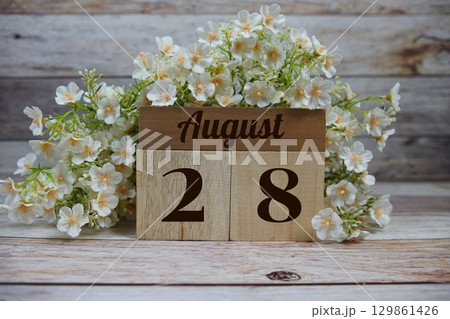 Wooden Calendar Showing the Date of August 28th. Day 28 of August month Wooden Calendar Showing the Date of August 28th. Day 28 of August month 129861426