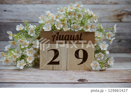 Wooden Calendar Showing the Date of August 29th. Day 29 of August month 129861427
