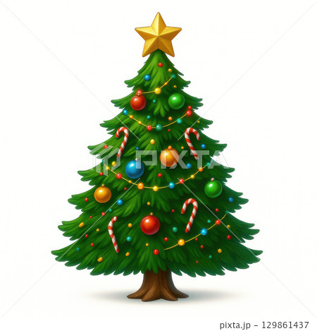 Christmas tree decorated with colorful balls and candy canes 129861437
