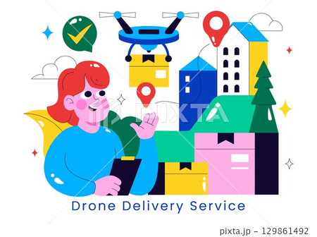 Drone Delivery Service Illustration featuring a Shipping Parcel Package with Modern Technology using Remote Control Air Logistics in a Background 129861492