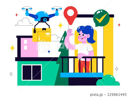 Drone Delivery Service Illustration featuring a Shipping Parcel Package with Modern Technology using Remote Control Air Logistics in a Background 129861495