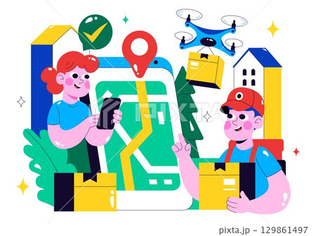 Drone Delivery Service Illustration featuring a Shipping Parcel Package with Modern Technology using Remote Control Air Logistics in a Background Drone Delivery Service Illustration featuring a Shipping Parcel Package with Modern Technology using Remote Control Air Logistics in a Background 129861497