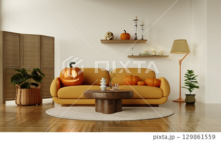 Halloween home decor with pumpkins and bat decorations. 3D render illustration 129861559