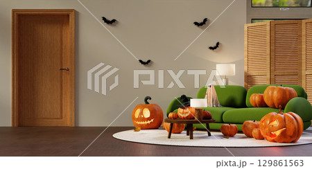Halloween home decor with pumpkins and cozy ambiance 3D render illustration 129861563