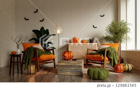 Halloween celebration interior decor featuring pumpkins and cozy seating. 3D render illustration 129861565