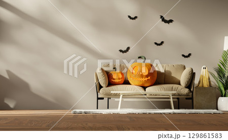 Halloween living room with playful pumpkin accents and bat decor. 3D render illustration 129861583