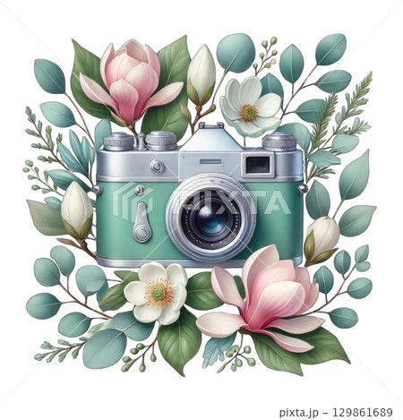 Vintage camera surrounded by soft pink and white flowers with 129861689