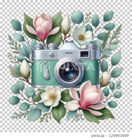 Vintage camera surrounded by soft pink and white flowers with 129861689