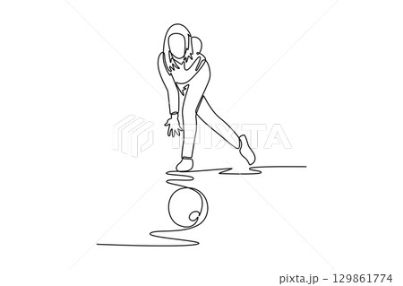 Continuous one line drawing front view of female bowler releasing a bowling ball in arena. Symbolizing athletic focus and a graceful follow-through. Single line draw design vector graphic illustration 129861774