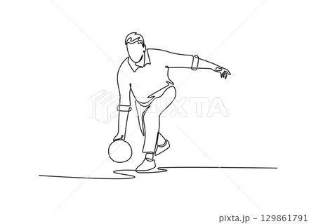 Single continuous line drawing male bowler in low crouch just before releasing bowling ball. Symbolize precision, concentration, fluid motion. Dynamic one line draw graphic design vector illustration 129861791