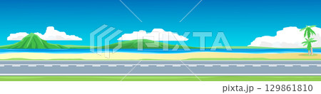 Horizontal view of Asphalt road.  Background of sand beach with island. Side road with coconut trees. Road cutting through the sandy beach. Under the white clouds and blue sky. 129861810