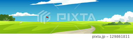 Golf course grassland landscape poster. Golf hole with flagpole on hill. Winding dirt road through bright green landscape with hills. Empty background of mountains and blue sky with white clouds. 129861811