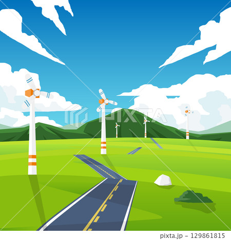 Vector poster of a square illustration. Long asphalt road cuts through the hills.Towering windmills line the hillsides.. Tall mountains and blue sky with white clouds. Vector poster of a square illustration. Long asphalt road cuts through the hills.Towering windmills line the hillsides.. Tall mountains and blue sky with white clouds. 129861815