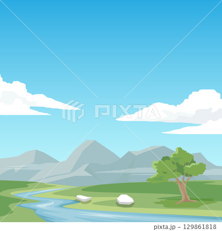 Vector poster of square picture. River flows through the hills. both sides are full of green grass. The empty background is mountains and blue sky with white clouds. Vector poster of square picture. River flows through the hills. both sides are full of green grass. The empty background is mountains and blue sky with white clouds. 129861818